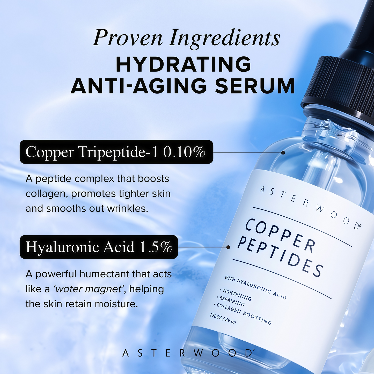 Asterwood Copper Peptides Serum for Face, GHK-Cu Peptide w/Hyaluronic Acid | Topical GHK-Cu with HA, Anti-Aging, Hydrating & Collagen Boosting, Cruelty-Free, 1 Fl Oz